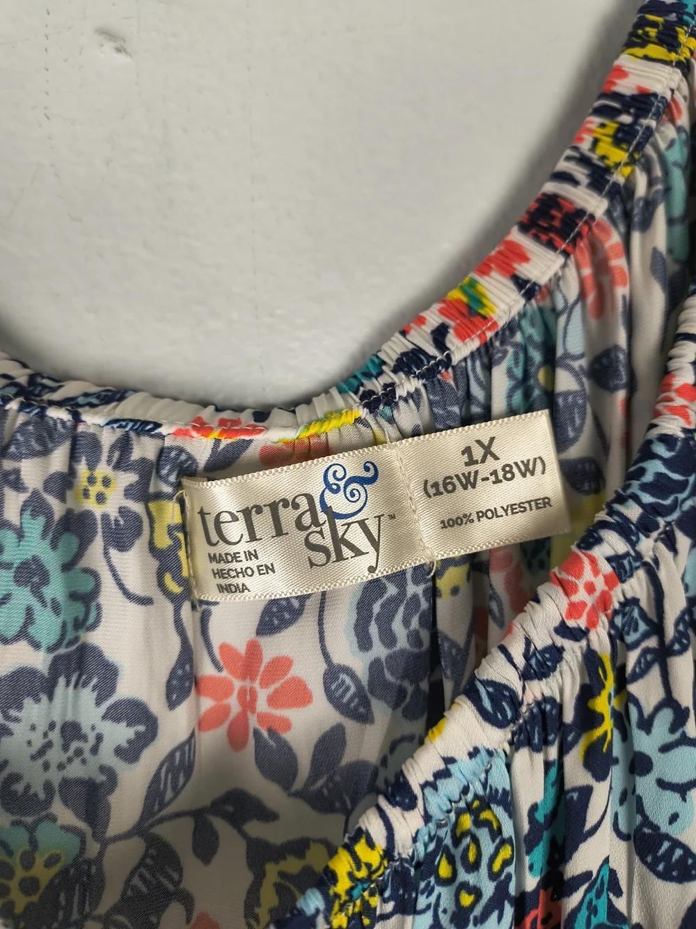 Terra & Sky Top Women's 1X Blue Pink On Off Shoulder Peasant Floral Ruffle